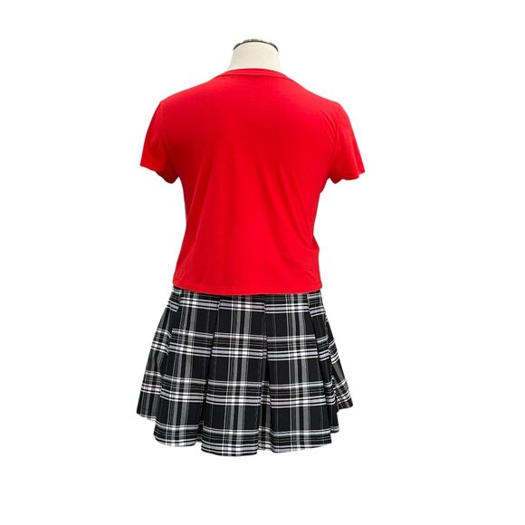 Red Crop Tee & Plaid Pleated Skirt Set XL – Preppy Y2K Grunge Style with Patches - Picture 10 of 16